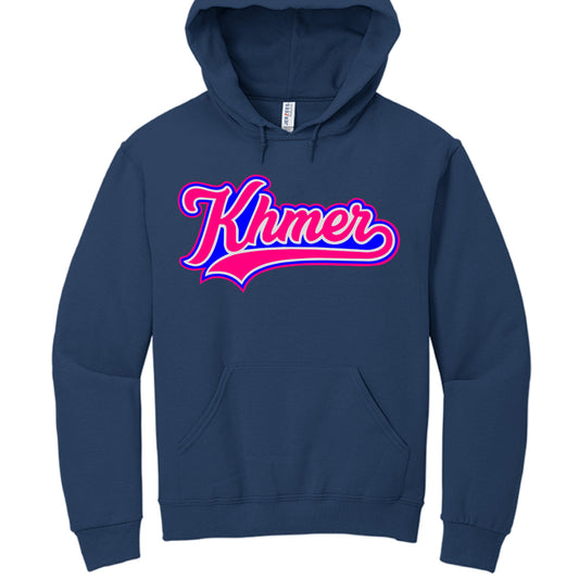 Navy blue hoodie with 'Khmer' text in pink and blue on a white background