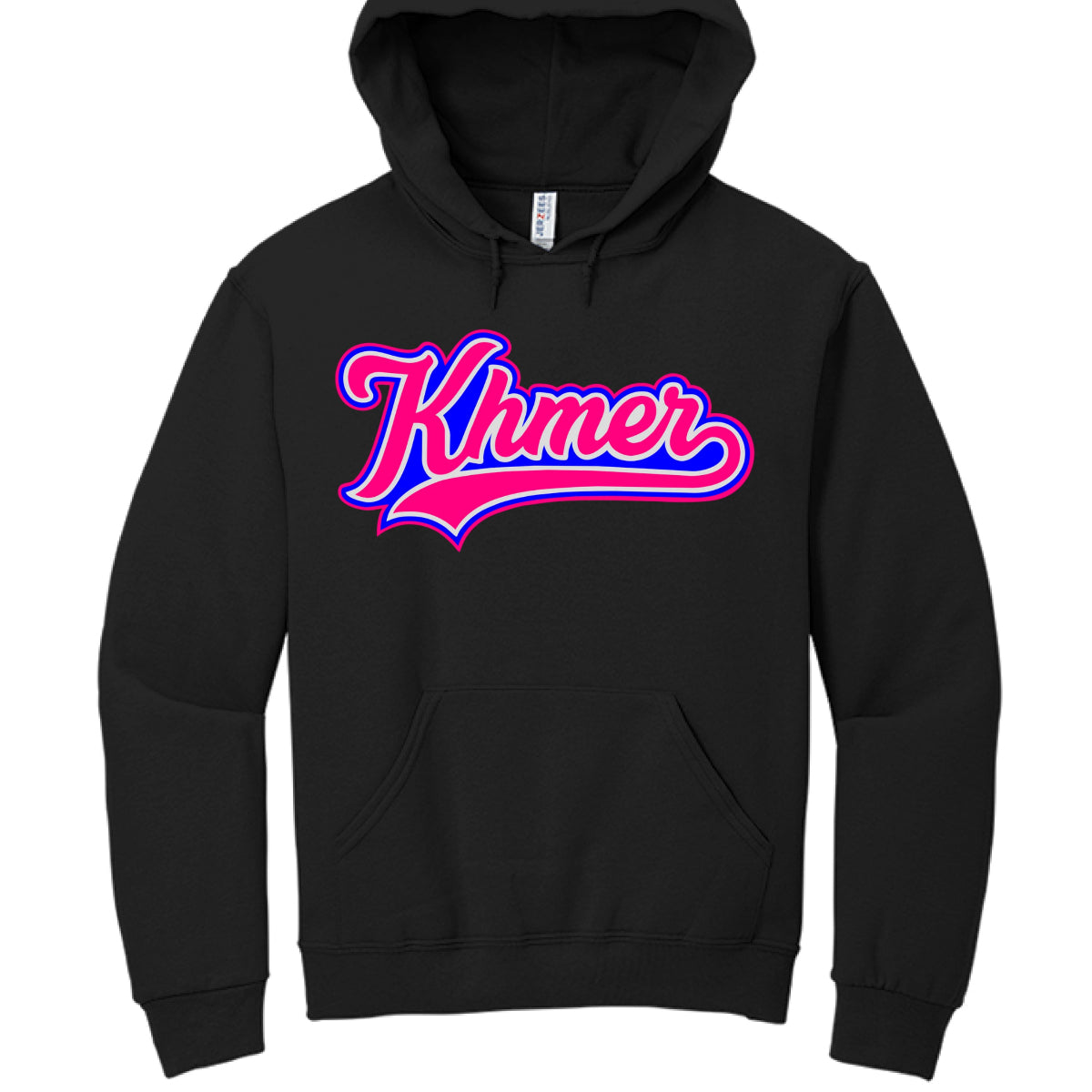 Black hoodie with 'Khmer' text in colorful design on a white background