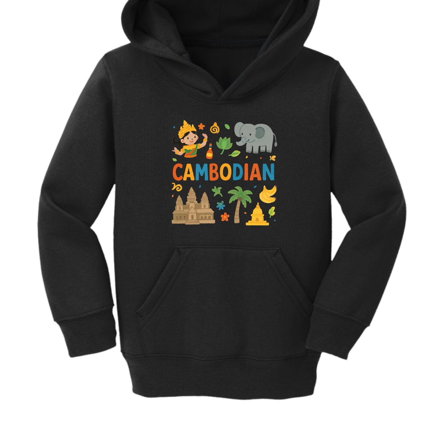 Black hoodie with colorful Cambodian-themed design on a white background