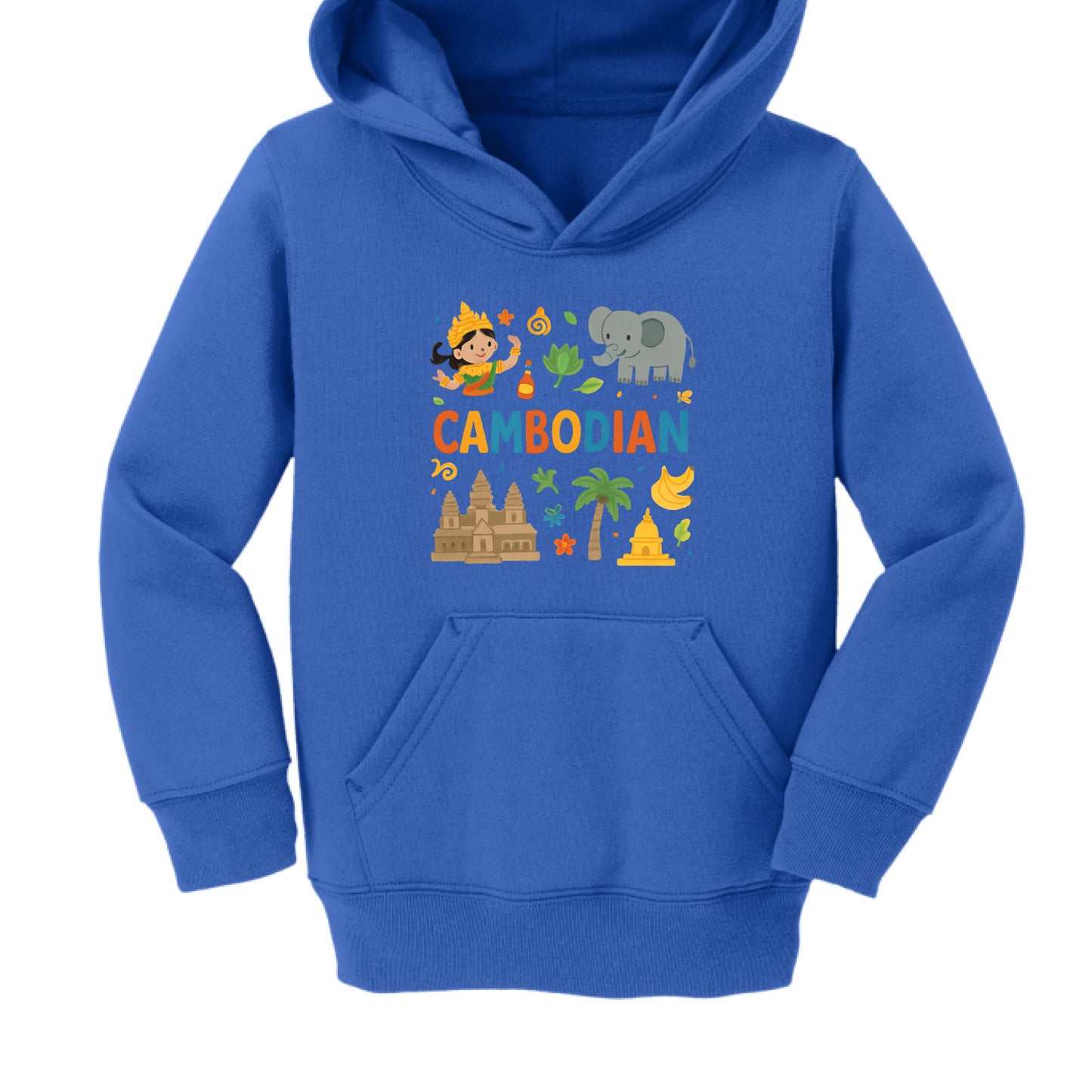 Blue hoodie with colorful Cambodian-themed design on a white background