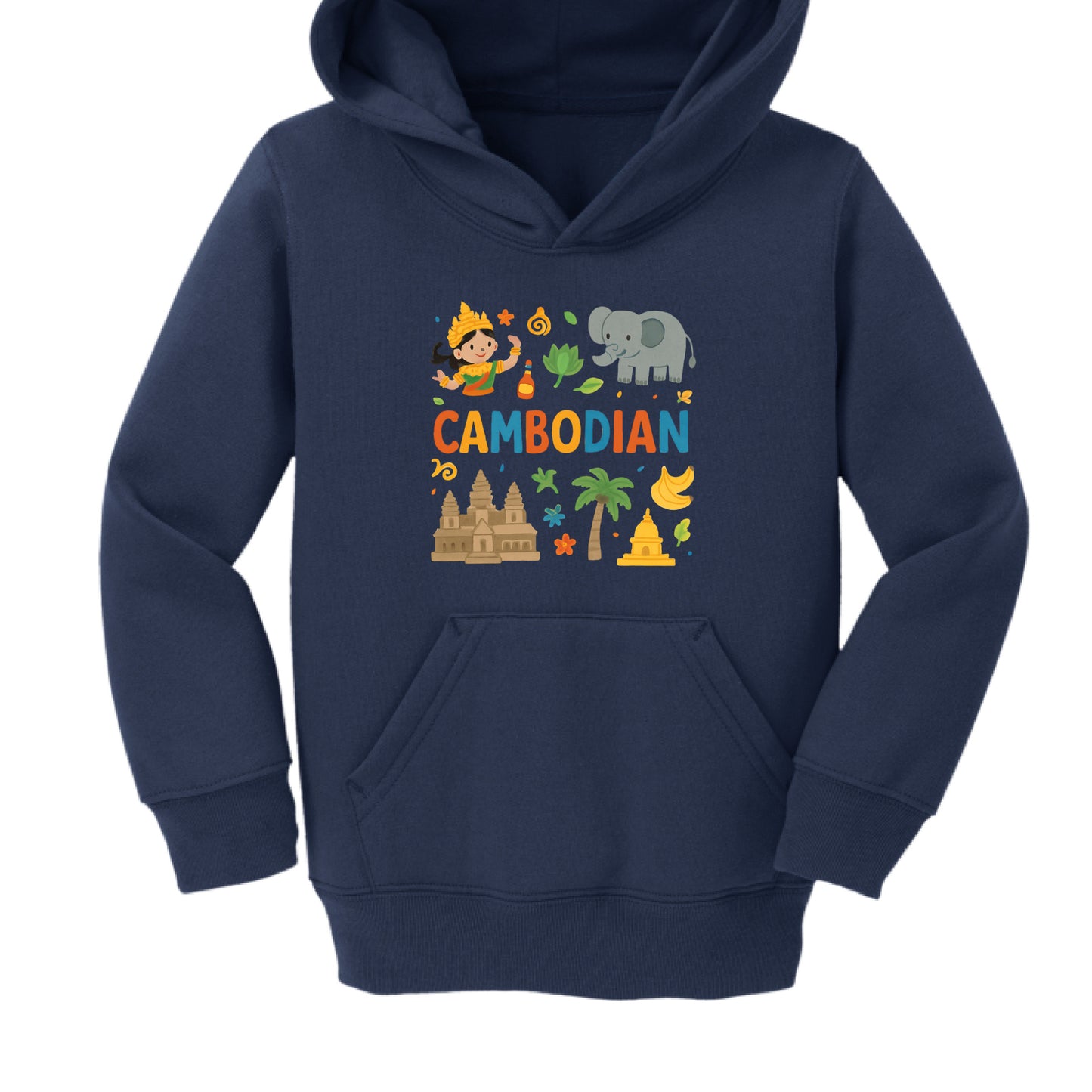This hoodie is a dark navy blue and uses a similar collage theme with different icon placements.

Central Text: The word "CAMBODIAN" is centered in multicolored block letters.

Top Illustrations: Above the text, there is an Apsara dancer on the left and a gray elephant on the right.

Bottom Illustrations: Below the text, the design includes a large tan temple (Angkor Wat), a palm tree, a golden stupa, and a bunch of yellow bananas.

Accents: Small decorative elements like green leaves, blue and orange flowe