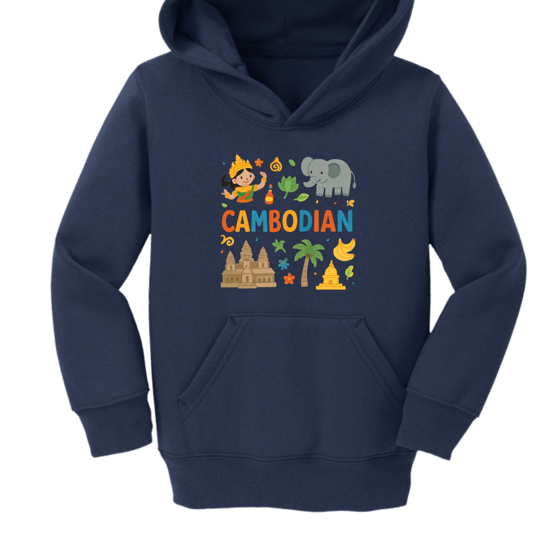 This hoodie is a dark navy blue and uses a similar collage theme with different icon placements.

Central Text: The word "CAMBODIAN" is centered in multicolored block letters.

Top Illustrations: Above the text, there is an Apsara dancer on the left and a gray elephant on the right.

Bottom Illustrations: Below the text, the design includes a large tan temple (Angkor Wat), a palm tree, a golden stupa, and a bunch of yellow bananas.

Accents: Small decorative elements like green leaves, blue and orange flowe