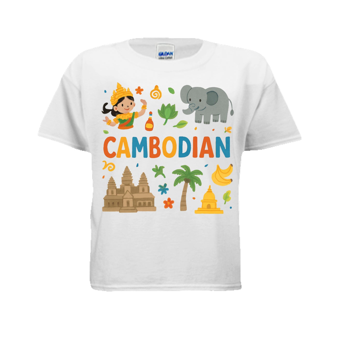 White t-shirt with colorful Cambodian-themed graphics on a white background