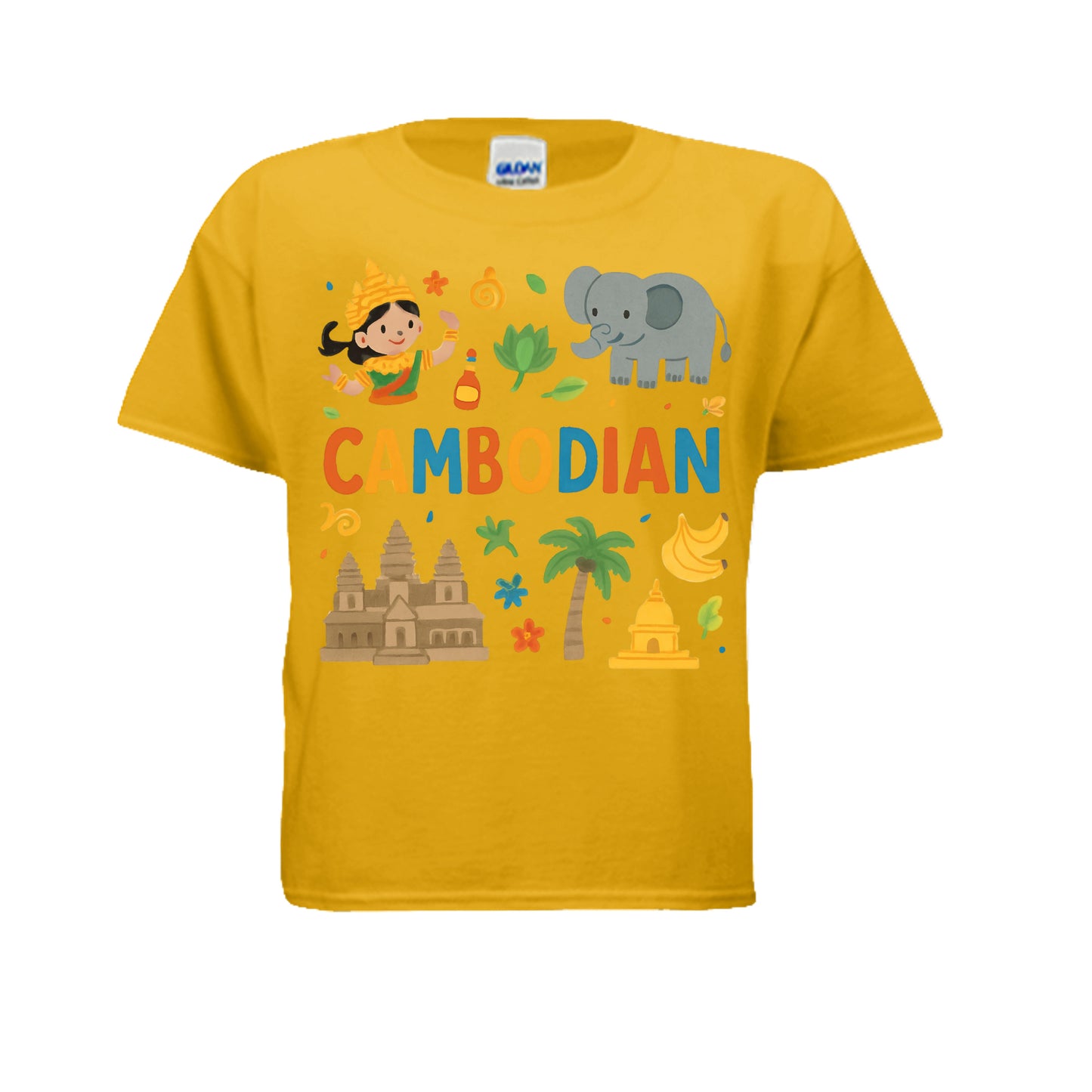 Yellow t-shirt with Cambodian-themed graphics and text on a white background