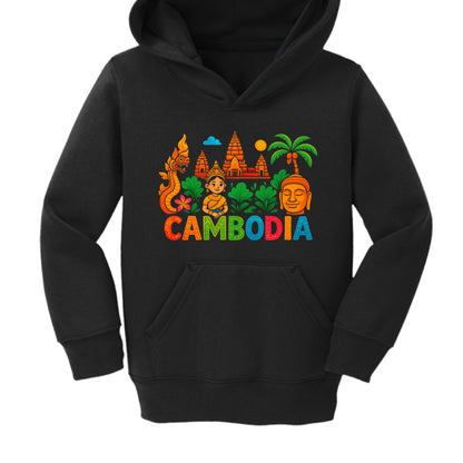 Black hoodie with colorful Cambodia-themed design on a white background