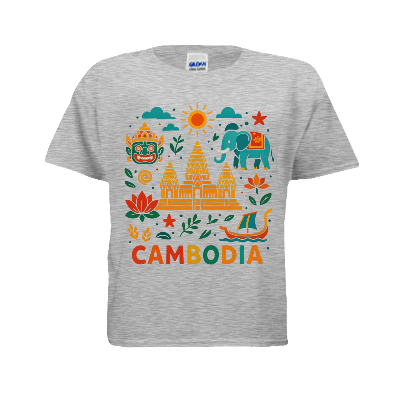 Gray t-shirt with colorful Cambodia-themed design on a white background