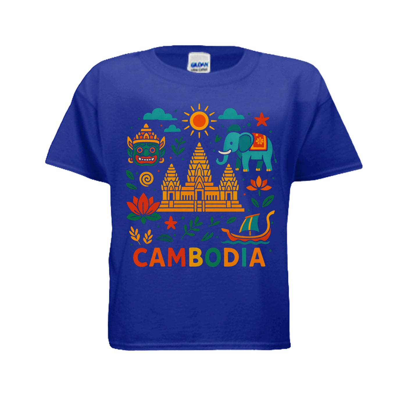 Blue t-shirt with colorful Cambodia-themed graphics on a white background