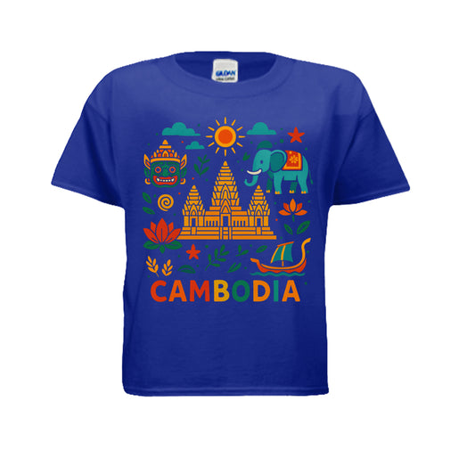 Blue t-shirt with colorful Cambodia-themed graphics on a white background