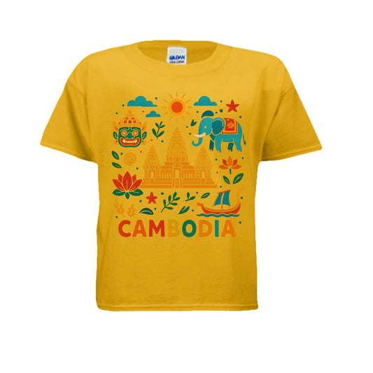 Yellow t-shirt with colorful Cambodia-themed design on a white background