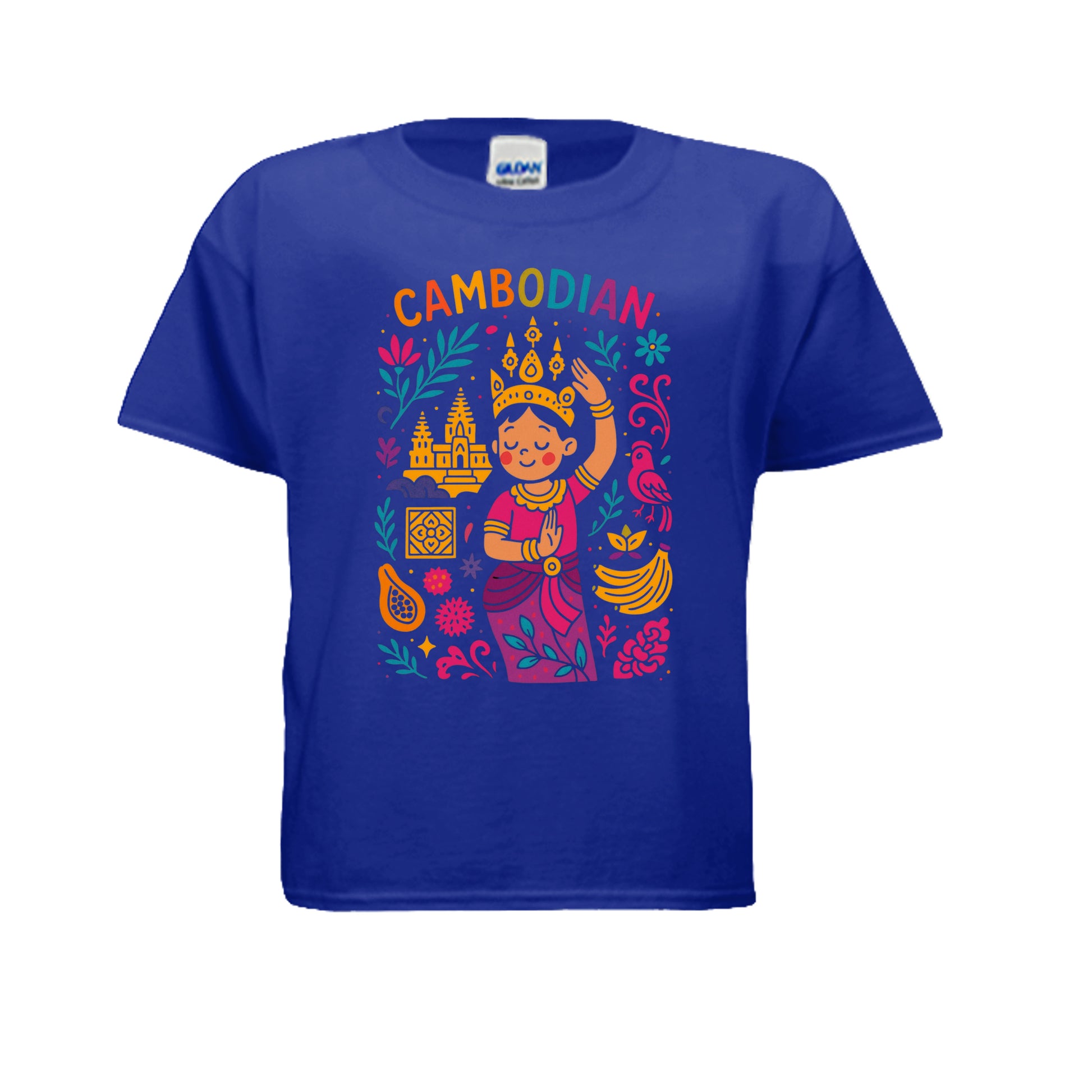 Blue t-shirt with colorful Cambodian design on a white background