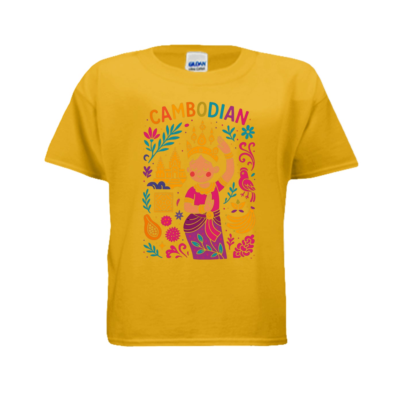 Yellow t-shirt with colorful Cambodian design on a white background