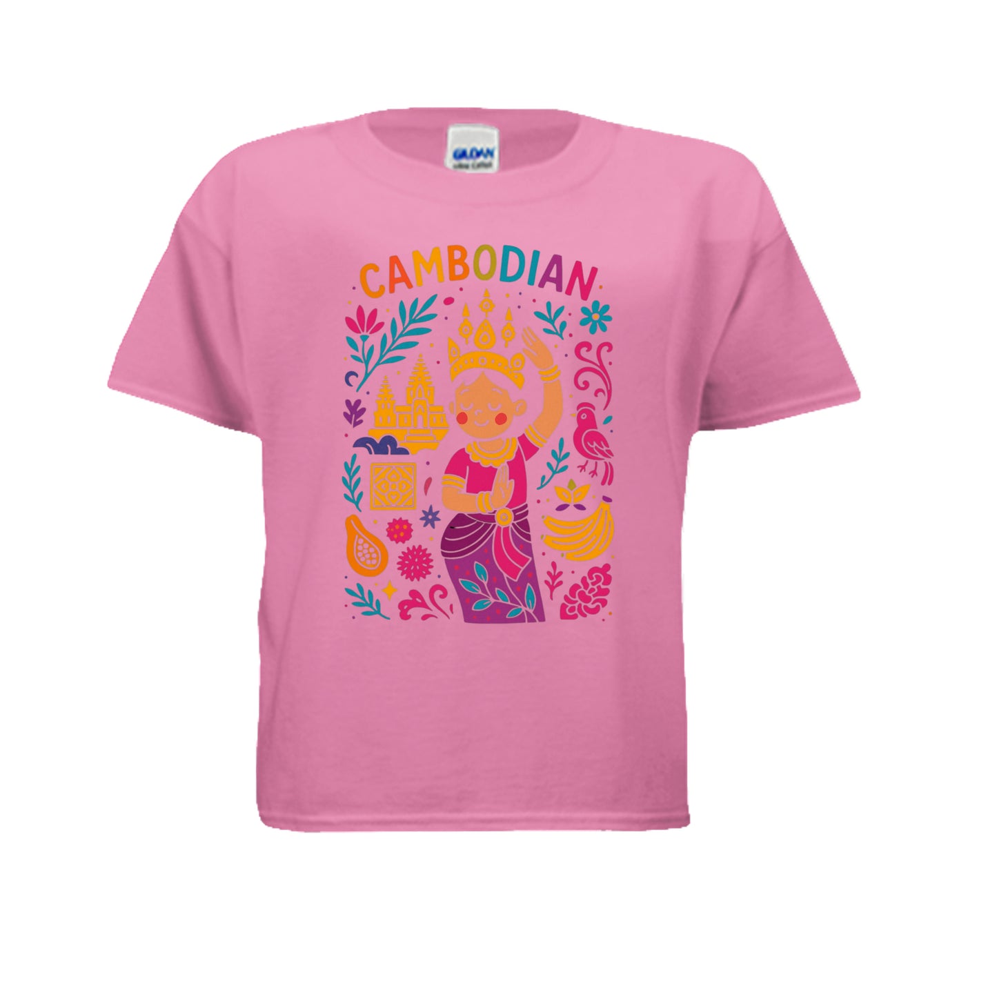 Pink t-shirt with colorful Cambodian design on a white background