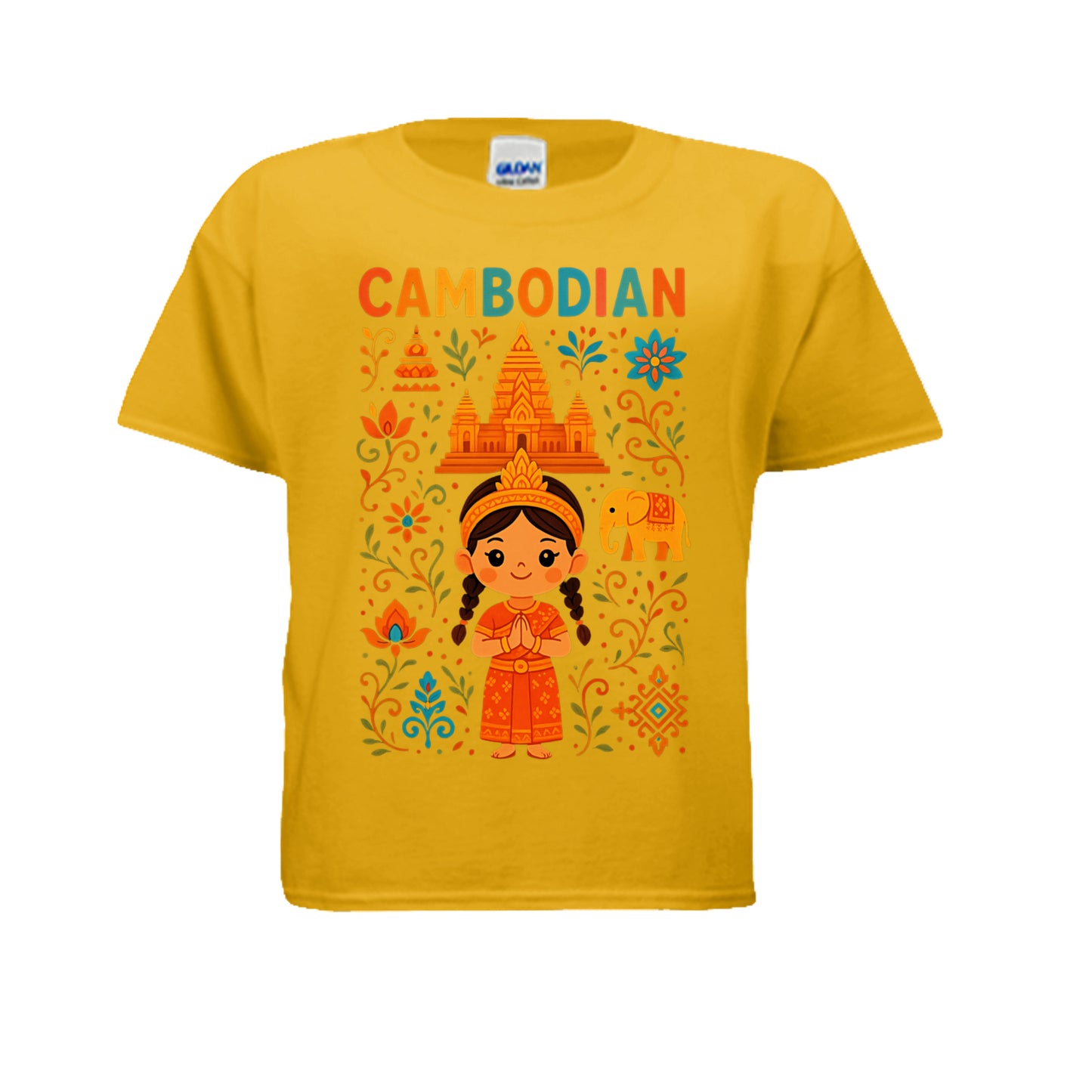 Yellow t-shirt with a Cambodian-themed design featuring a girl in traditional dress, temples, and floral elements on a white background.