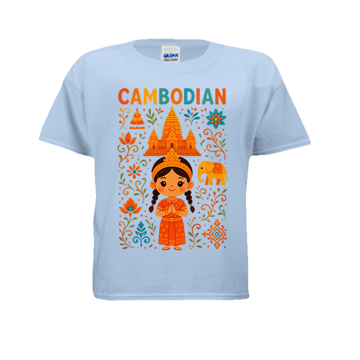 Light blue t-shirt with Cambodian-themed design featuring a girl in traditional dress, temple, and elephant on a white background.