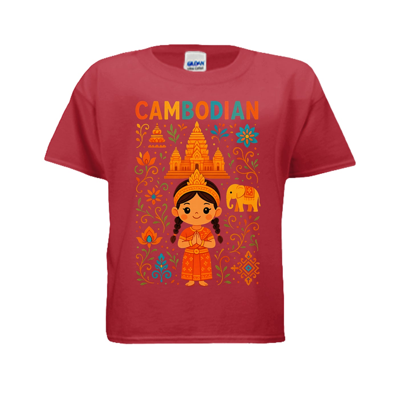 Red t-shirt with Cambodian-themed design featuring a girl, elephant, and temple on a white background.