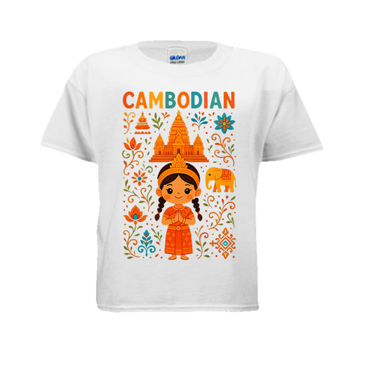 White t-shirt with a colorful Cambodian-themed design featuring a girl in traditional dress, temple, and floral elements on a white background.