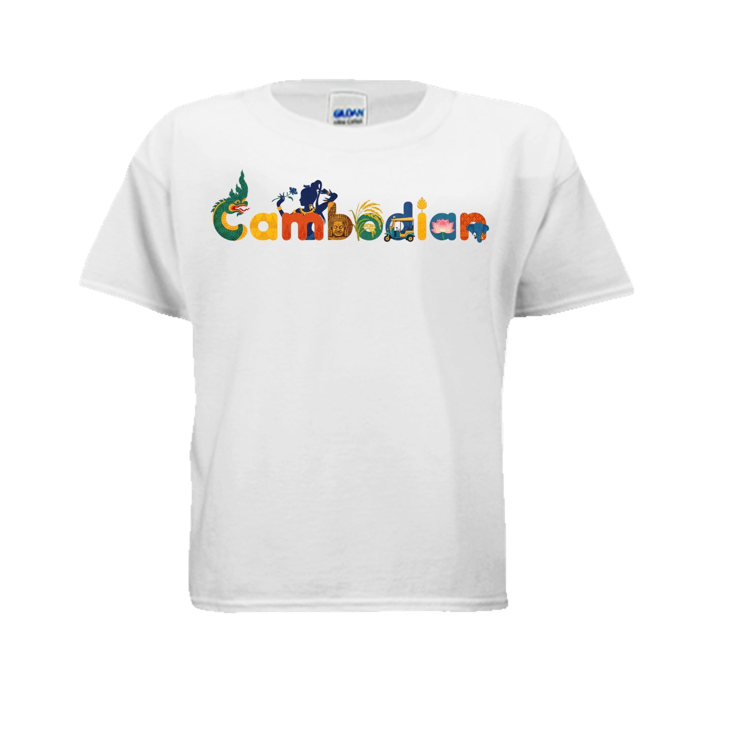 White t-shirt with 'Cambodian' text in colorful letters on a white background