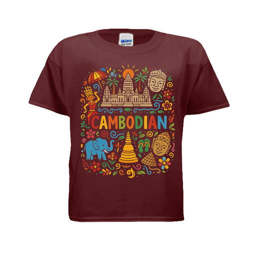 Maroon t-shirt with colorful Cambodian-themed design on a white background