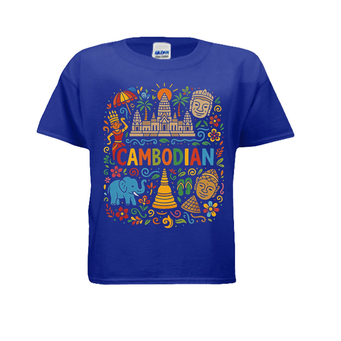 Blue t-shirt with colorful Cambodian-themed design on a white background