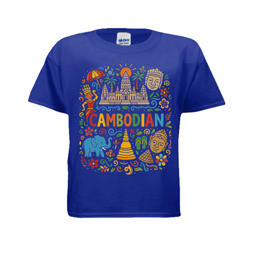 Blue t-shirt with colorful Cambodian-themed design on a white background