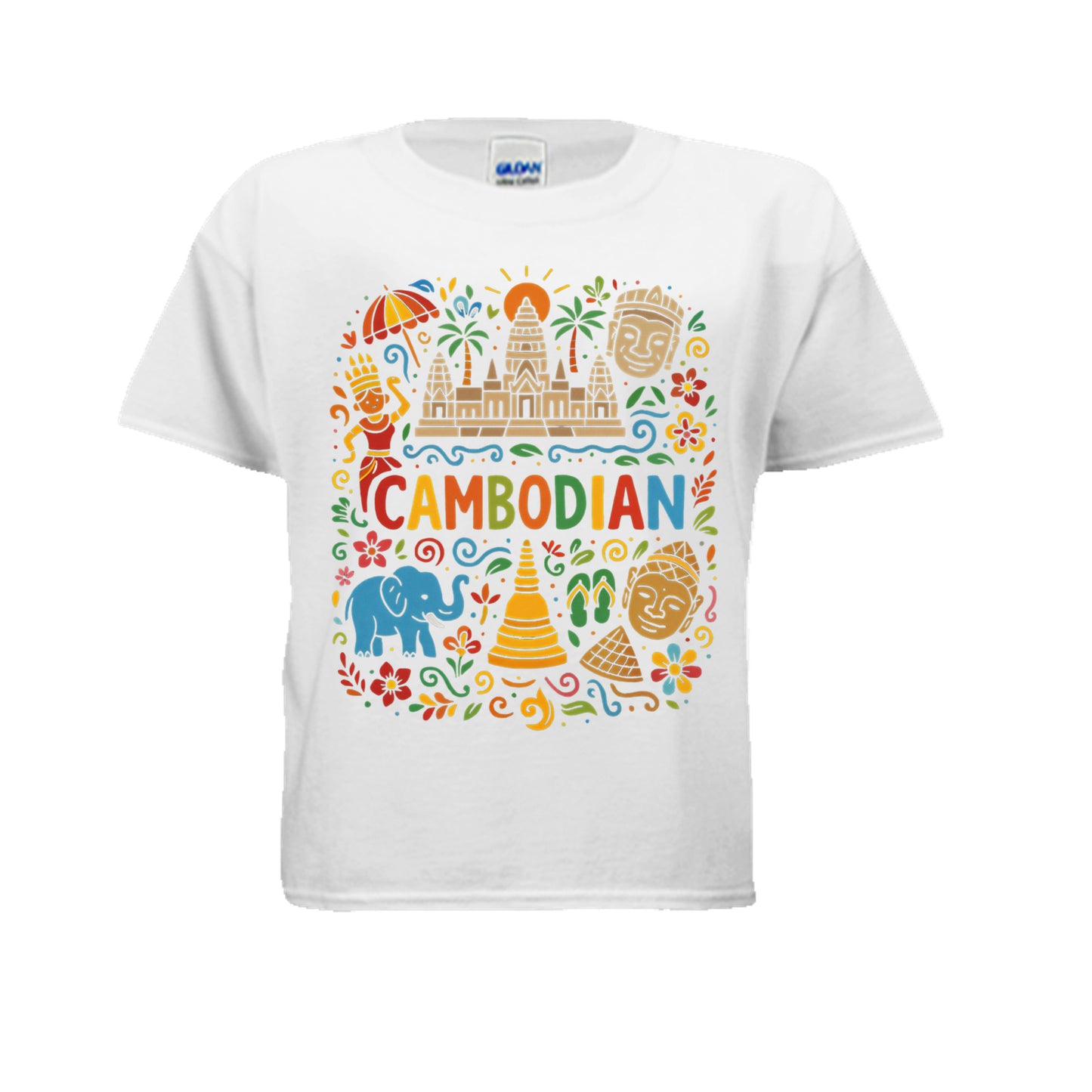 White t-shirt with colorful 'Cambodian' design featuring temples and symbols on a white background