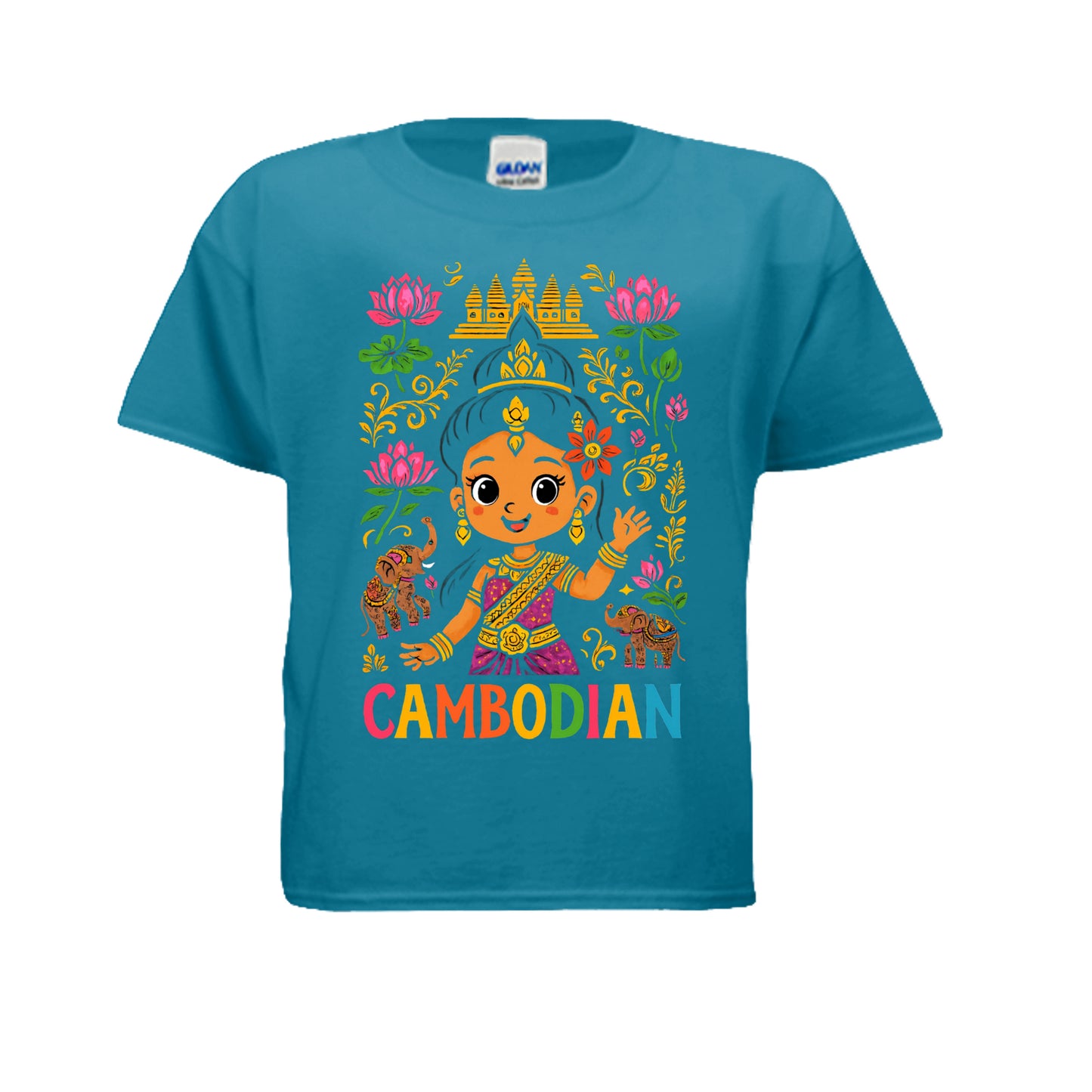 Blue t-shirt with a colorful Cambodian-themed design on a white background