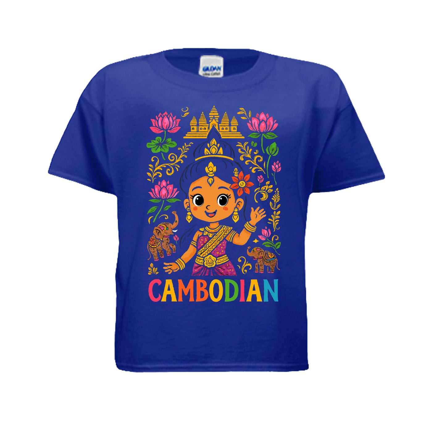 Blue t-shirt with colorful Cambodian-themed design on a white background