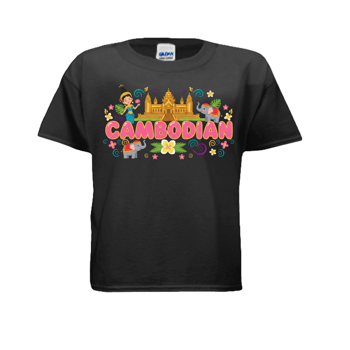 Black t-shirt with colorful 'Cambodian' design featuring a temple and traditional elements on a white background.