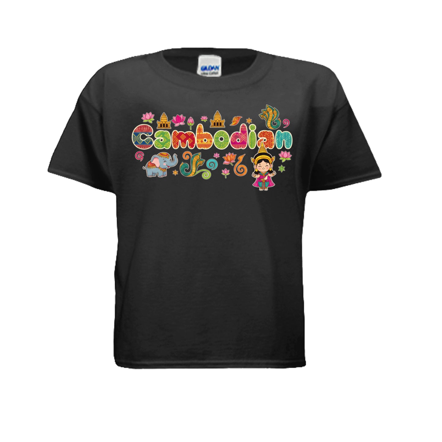 Black t-shirt with colorful 'Cambodian' design on a white background