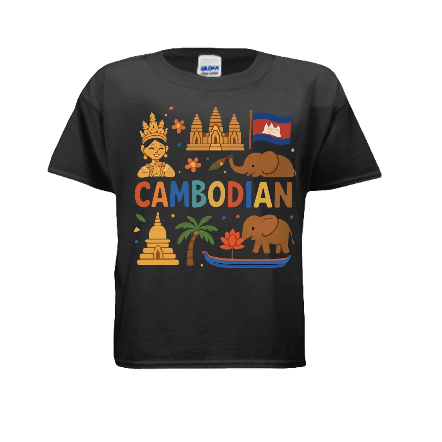 Black t-shirt with colorful Cambodian-themed graphics on a white background
