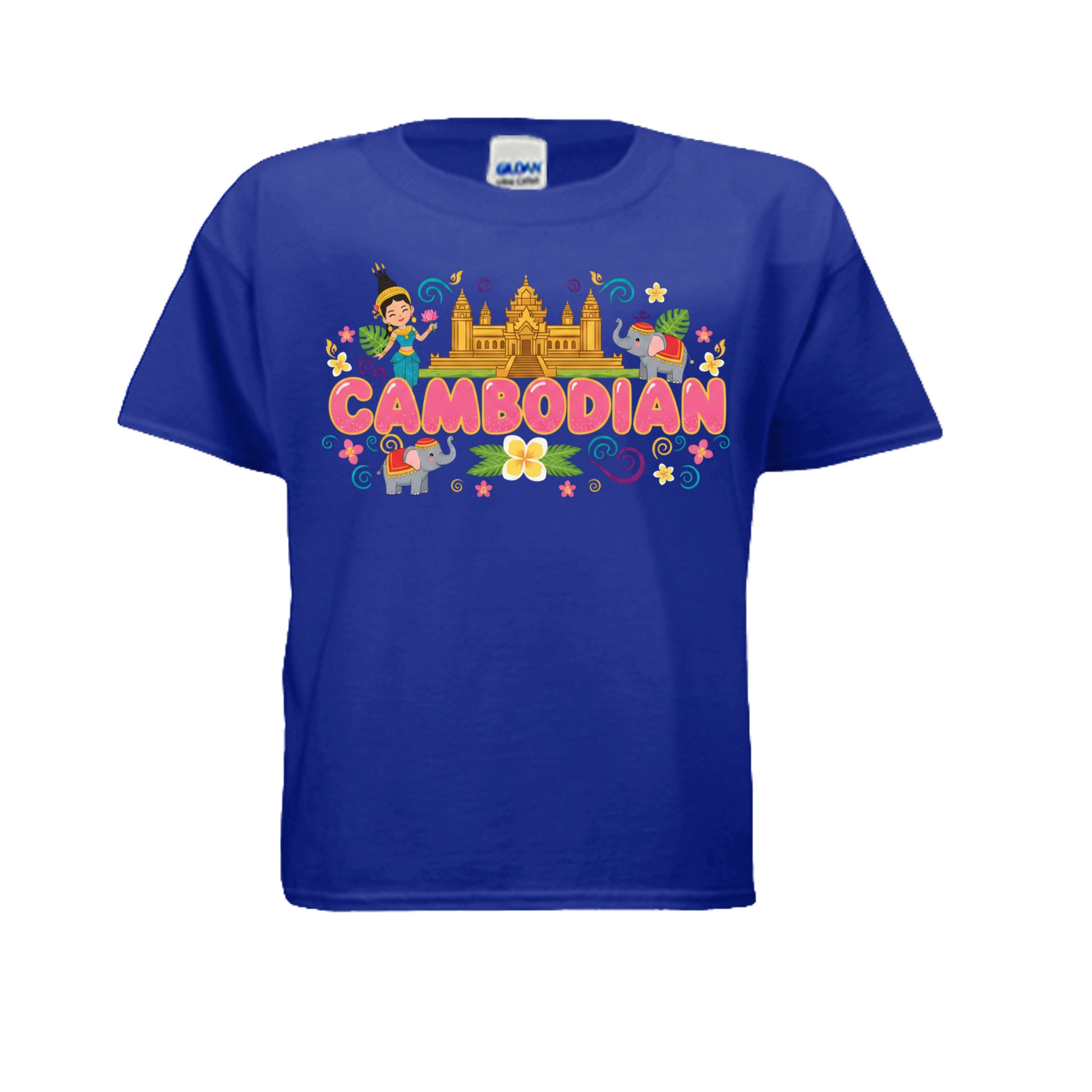 Blue t-shirt with colorful 'Cambodian' design featuring a temple on a white background