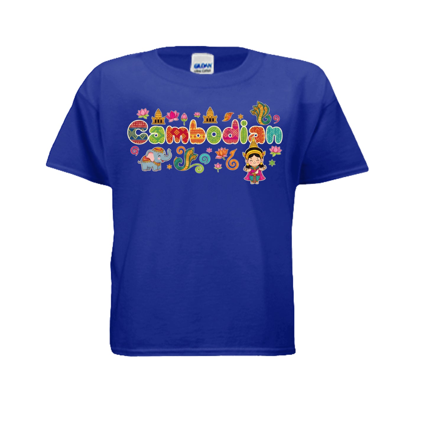 Blue t-shirt with colorful 'Cambodian Girl' text and graphics on a white background