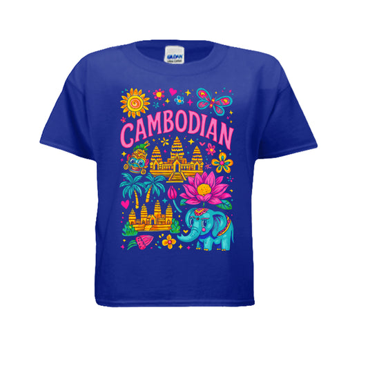 Blue t-shirt with colorful Cambodian-themed design on a white background