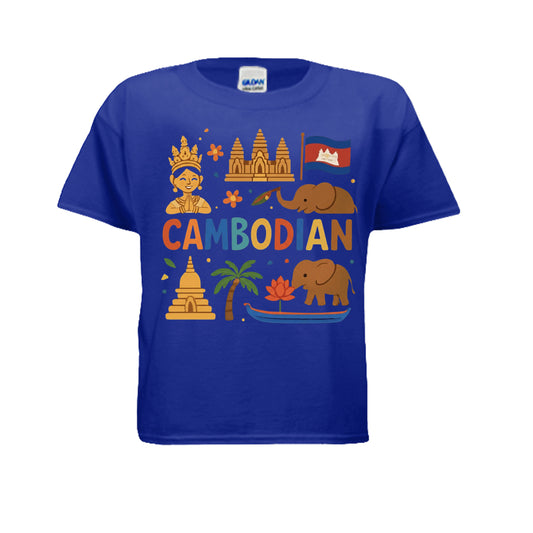 Blue t-shirt with Cambodian-themed graphics and text on a white background