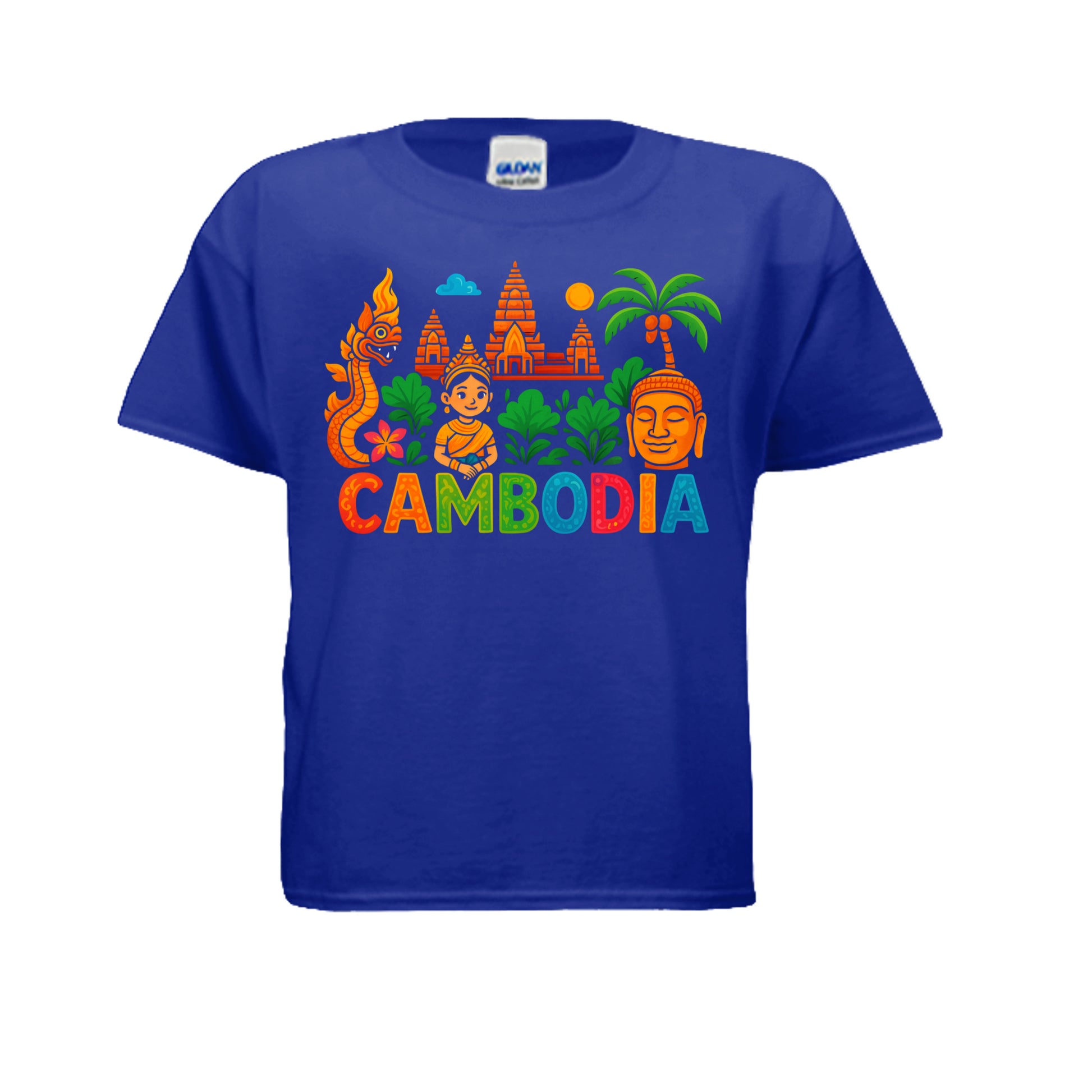 Blue t-shirt with colorful Cambodia-themed design on a white background