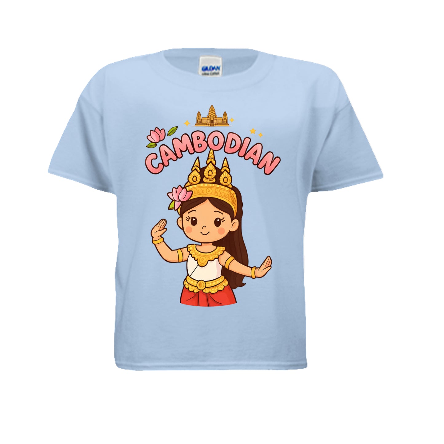 Light blue t-shirt with a cartoon character and 'Cambodian' text on a white background