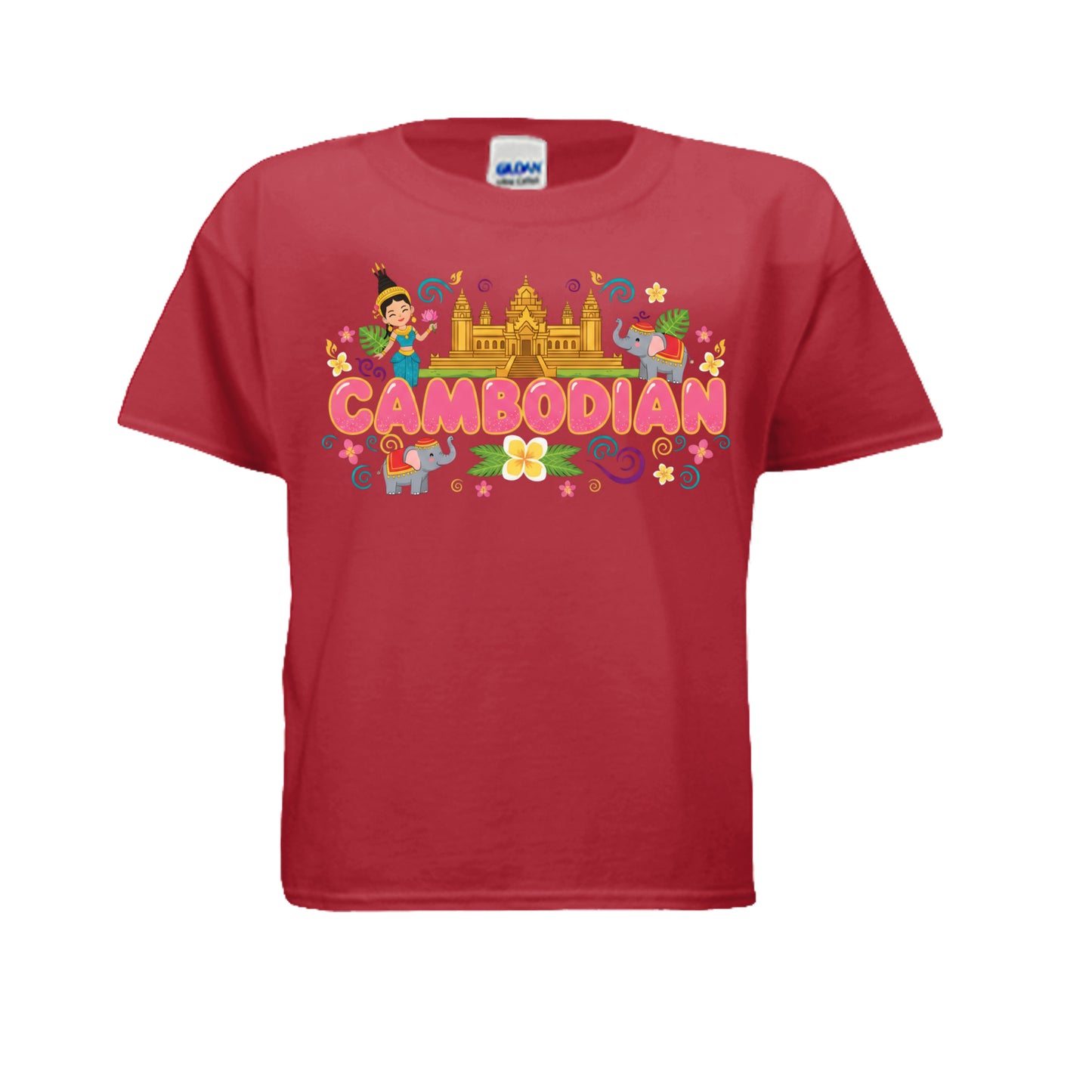 Red t-shirt with colorful 'Cambodian' design featuring a castle and traditional elements on a white background.
