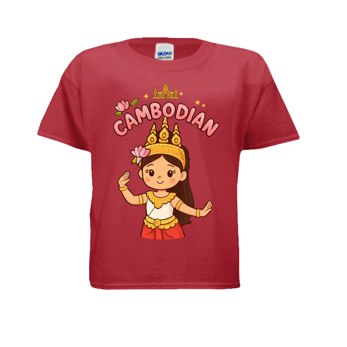 Red t-shirt with a cartoon character and 'Cambodian' text on a white background