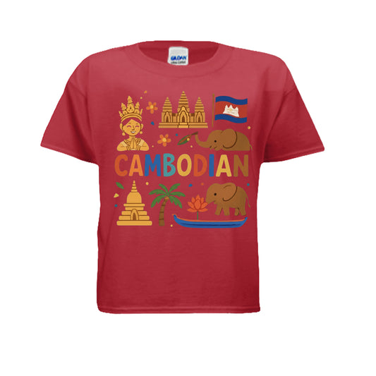 Red t-shirt with Cambodian-themed graphics and text on a white background