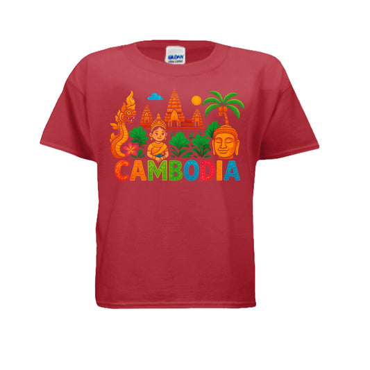Red t-shirt with colorful Cambodia design on a white background