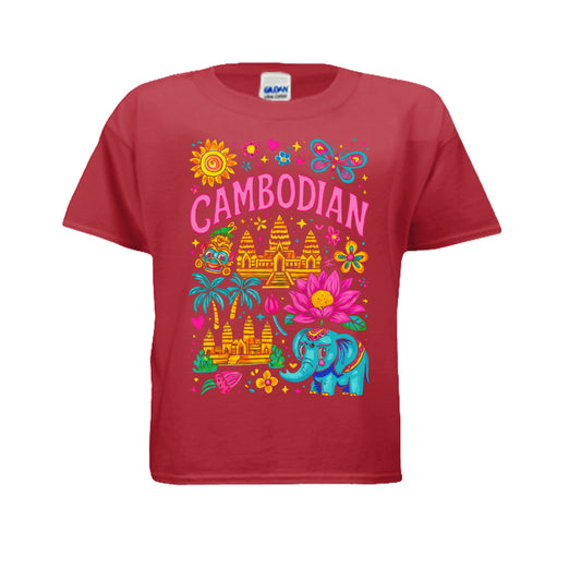 Red t-shirt with colorful Cambodian-themed design on a white background