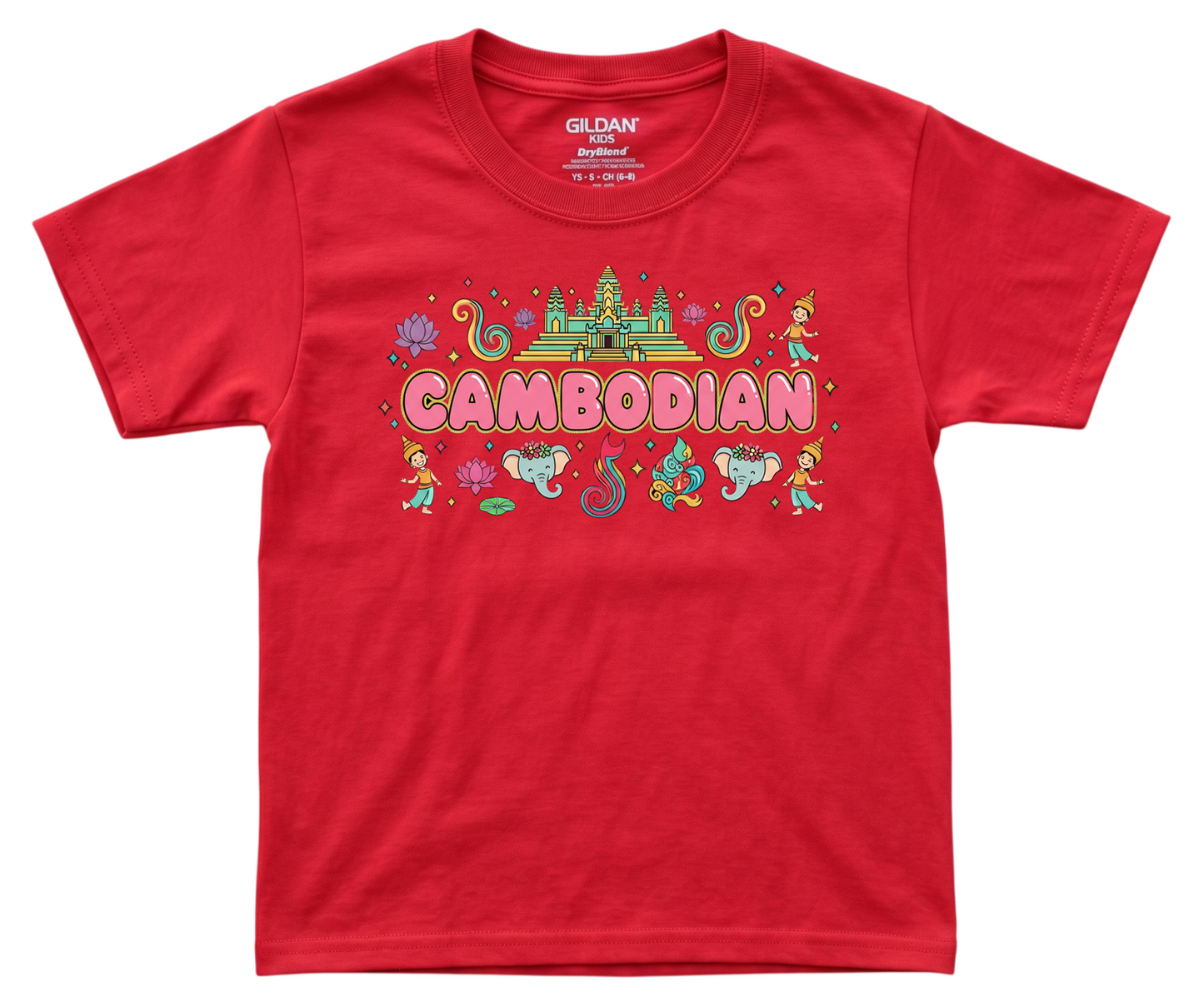 Red t-shirt with colorful 'Cambodian' design on a white background