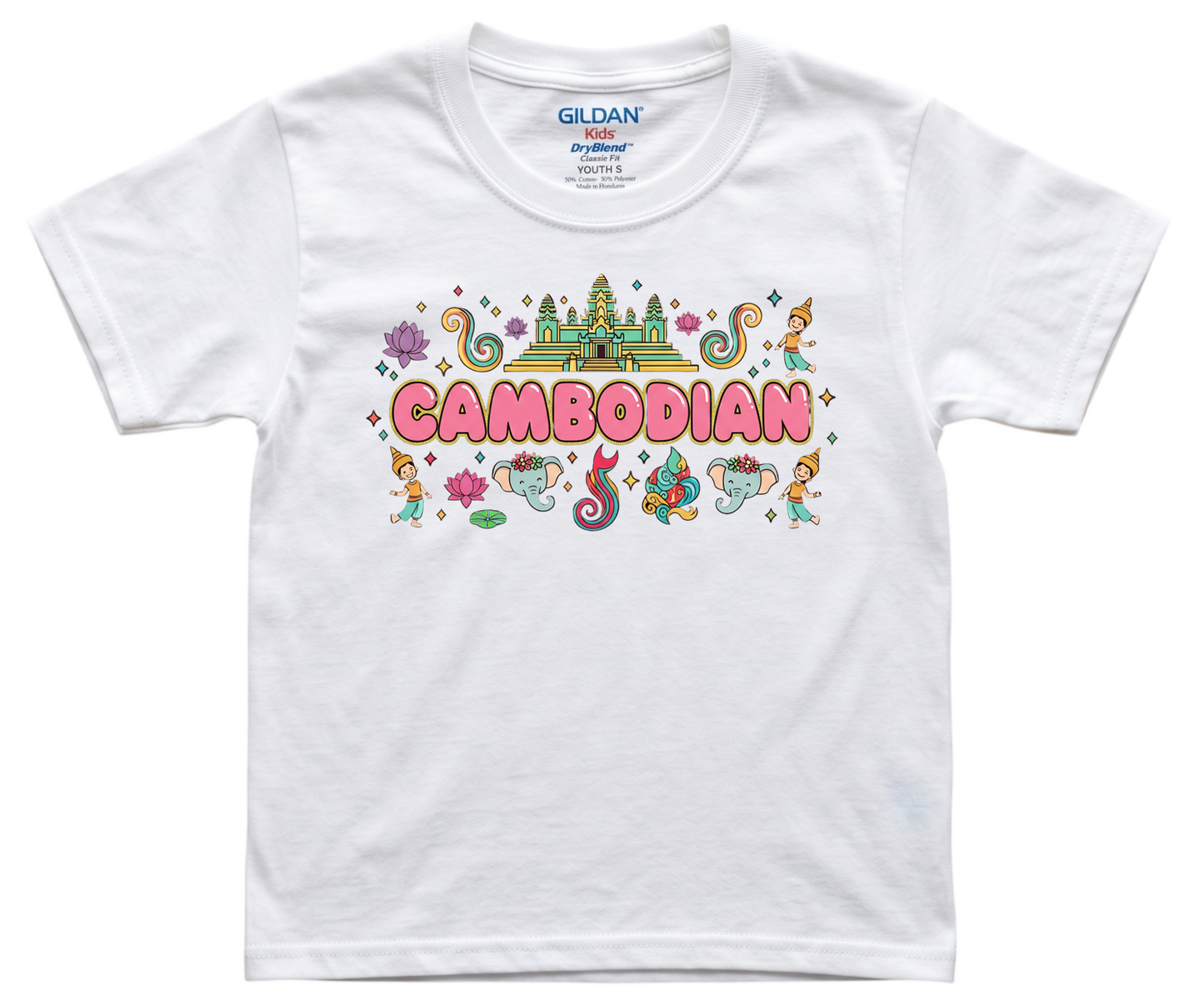 White t-shirt with colorful 'Cambodian' design featuring traditional elements on a white background.