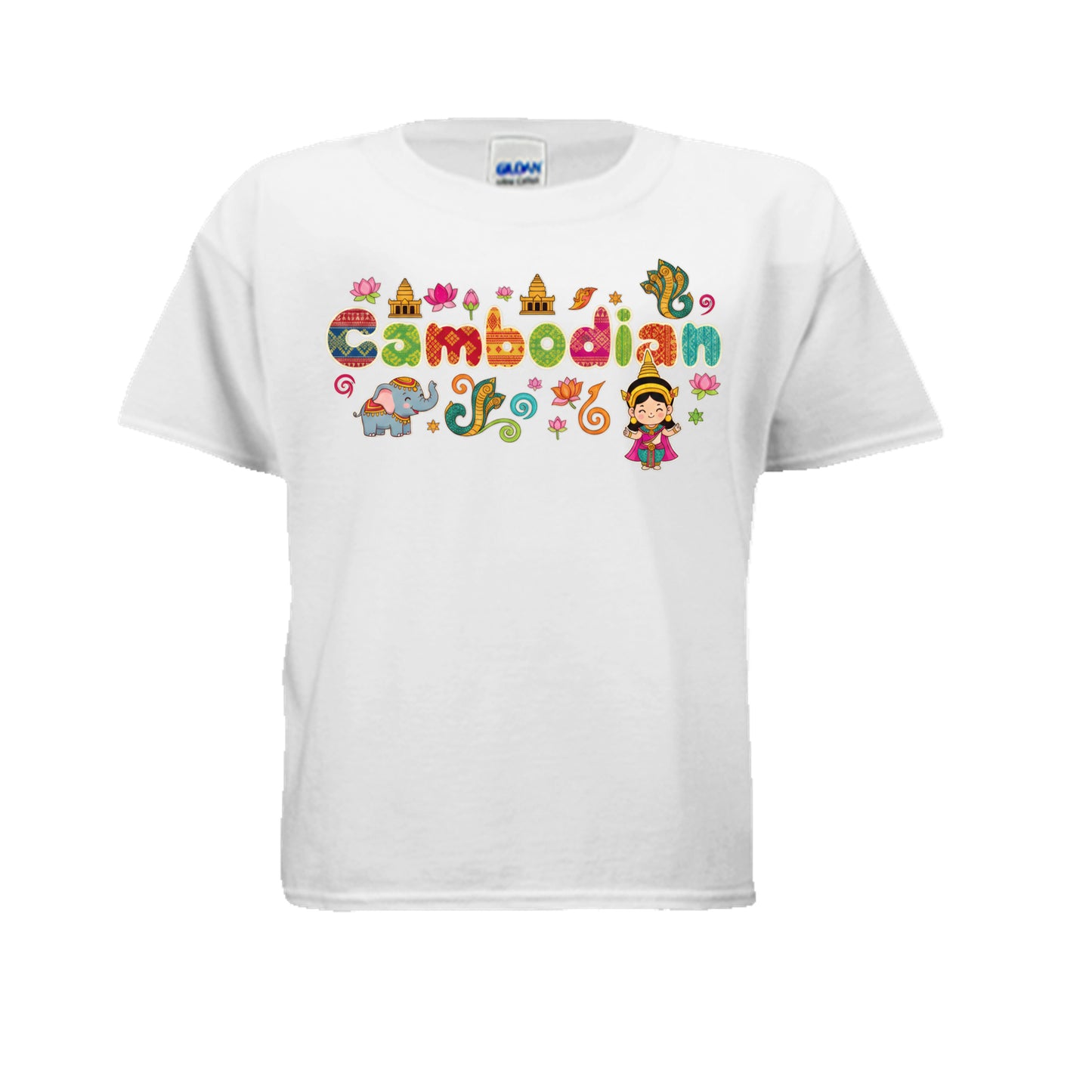 White t-shirt with colorful 'Cambodian' design on a white background