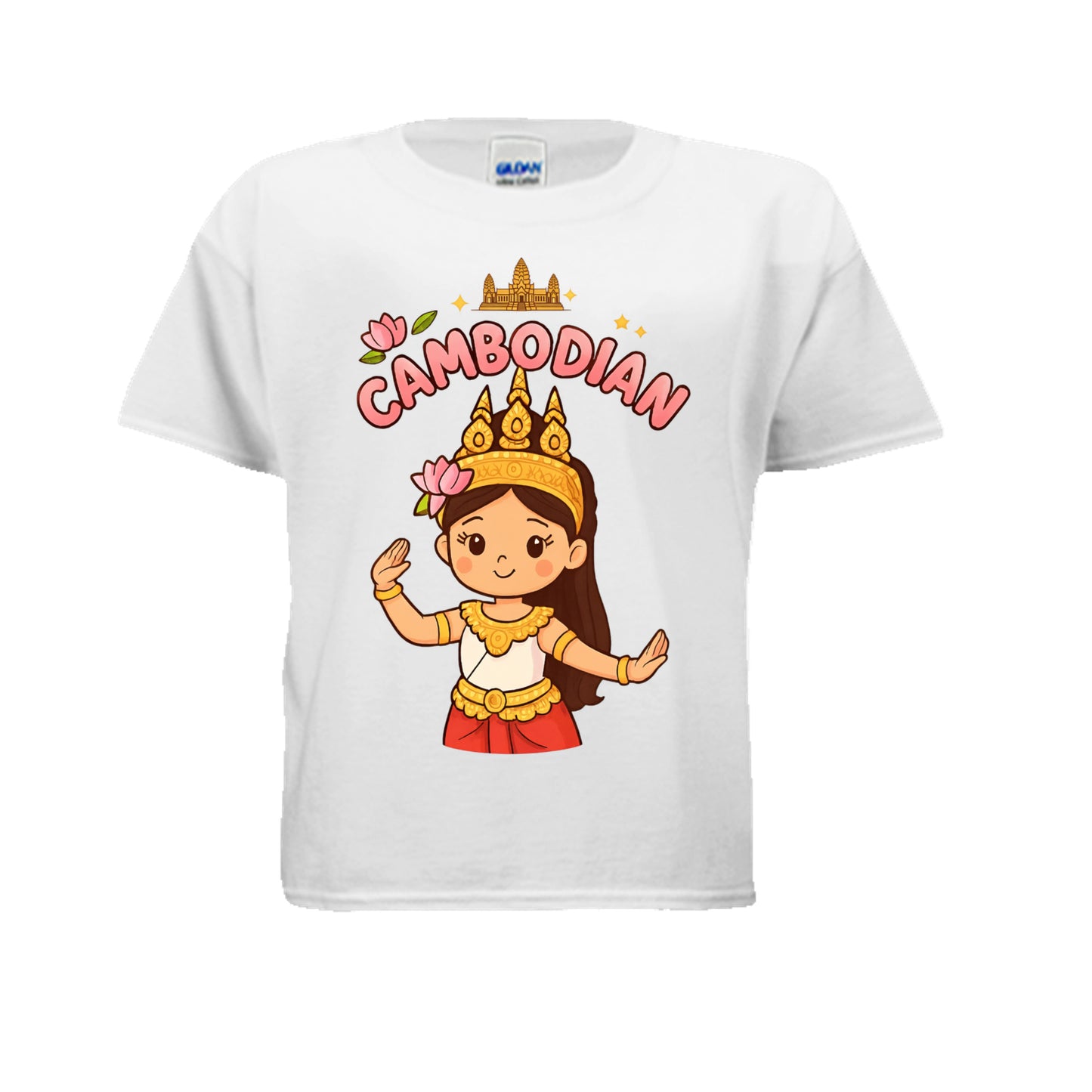 White t-shirt with a cartoon character and 'Cambodian' text on a white background