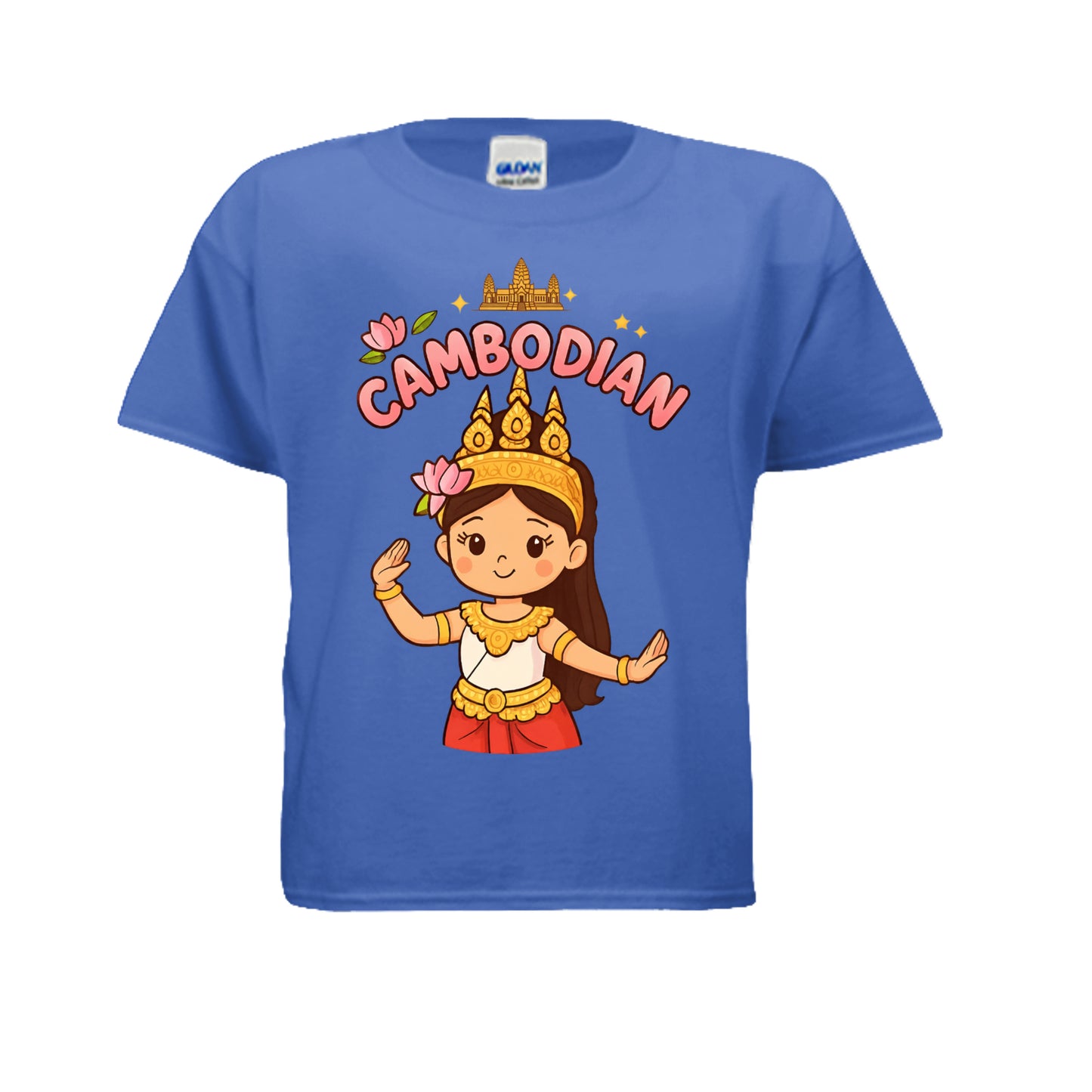 Blue t-shirt with a cartoon character and 'Cambodian' text on a white background