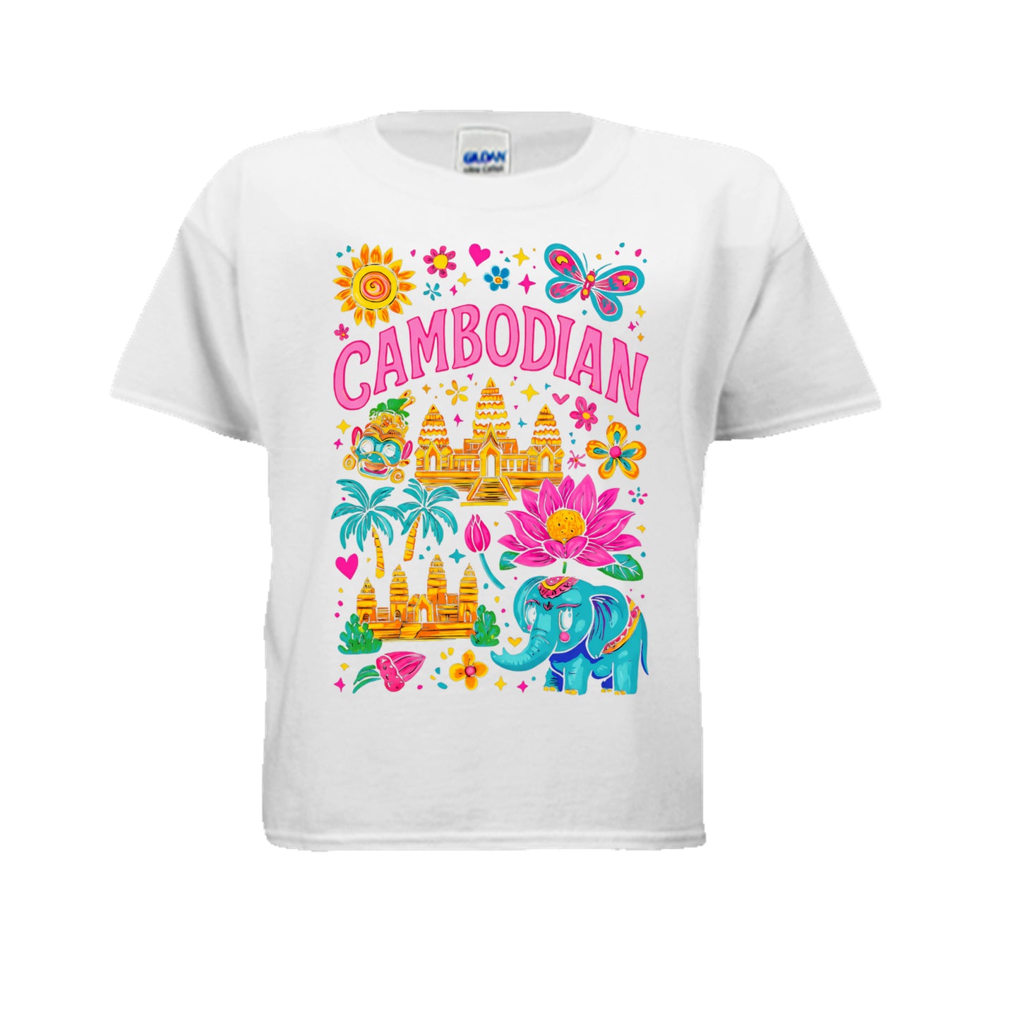 White t-shirt with colorful Cambodian-themed design featuring an elephant, temple, and floral elements on a white background.