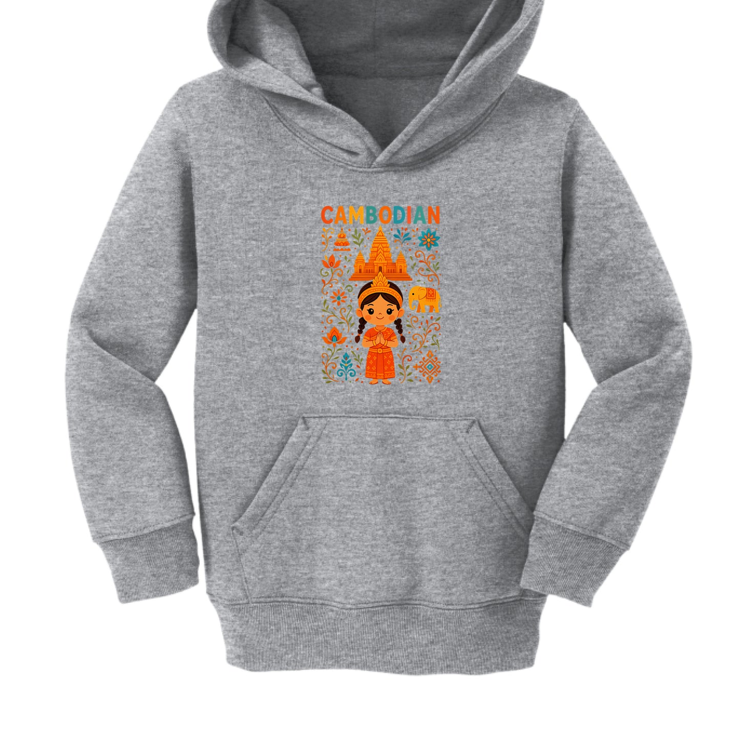 Gray hoodie with a colorful graphic design on a white background