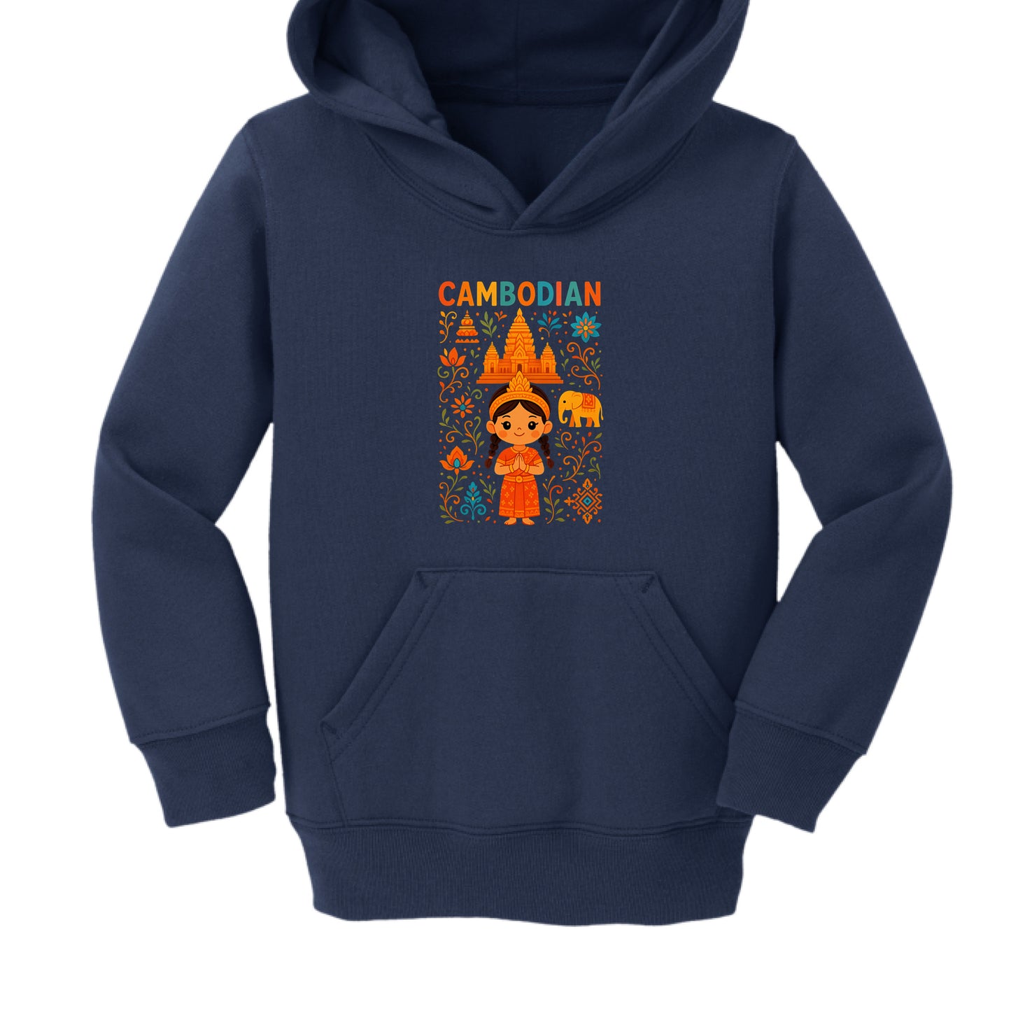 Navy blue hoodie with colorful 'Cambodian' design on a white background