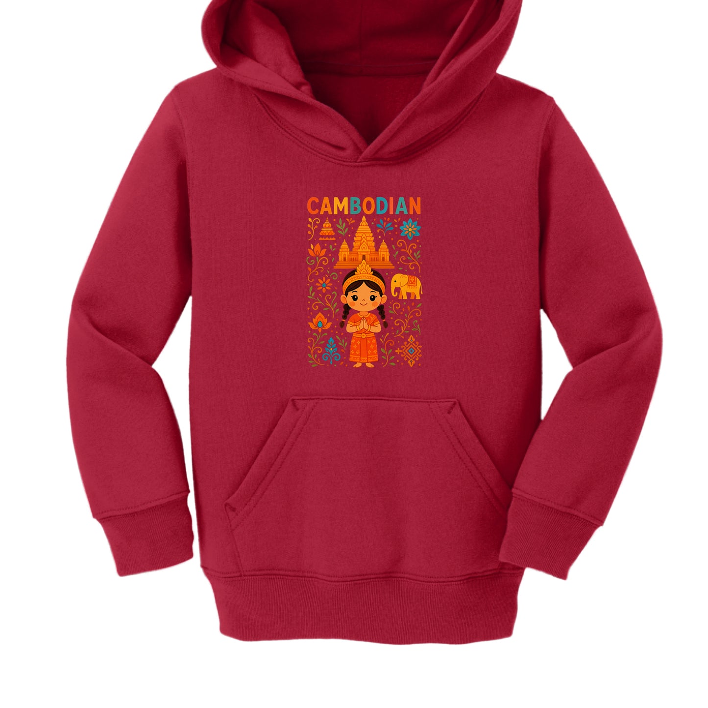 Red hoodie with a colorful 'Cambodian' design on a white background